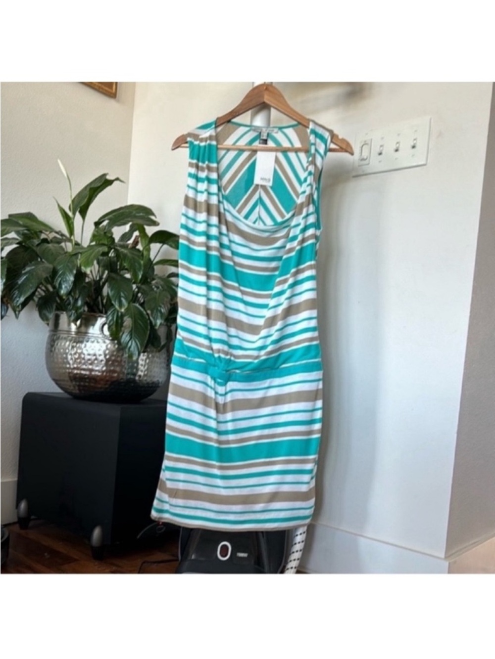 Mango Striped Cowl Knit Tank Dress Sz L White Blue Dropped Waist NWT